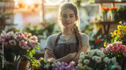 A woman is standing amidst a variety of colorful flowers in a flower shop. She appears to be looking at the different flowers available for purchase. © vadosloginov