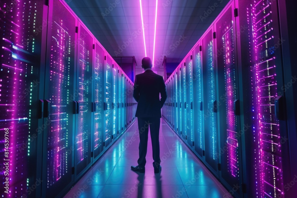 A man standing in a server room, suitable for technology concepts A man standing in a server room, suitable for technology concepts