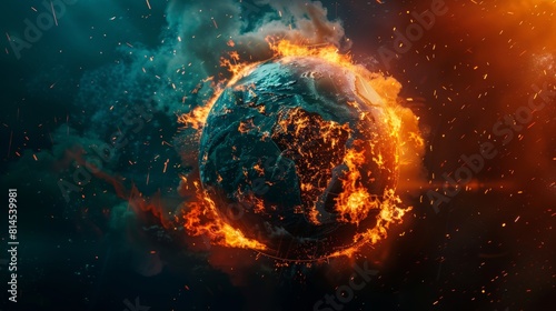 Abstract conceptual illustration of global warming and environmental disaster on Earth, filled with oil and carbon, destroyed by fire and burned.
