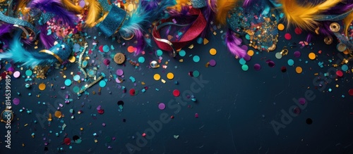 Top view flat lay photograph of vibrant carnival accessories such as confetti and streamers arranged on a gray background Perfect for capturing the festive spirit of Mardi Gras celebrations birthdays