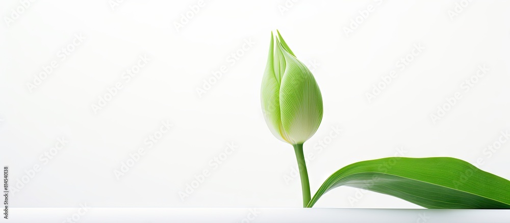 Fototapeta premium A single green leaf of a tulip stands alone against a clean white background creating the perfect copy space image