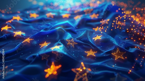 Close-up view of yellow stars on the blue flag of the European Union waving