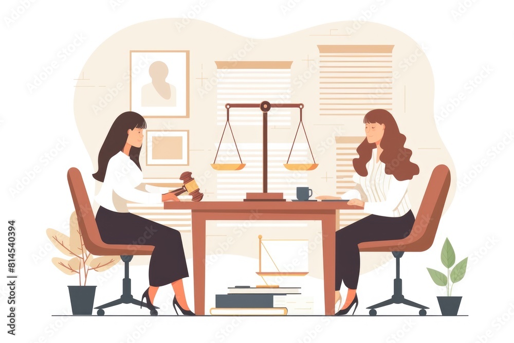 Two women sitting at a table with a scale of justice. Suitable for legal concepts Two women sitting at a table with a scale of justice. Suitable for legal concepts