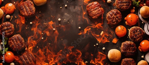Grilled burgers and meatballs with a BBQ pattern background creating a copy space image