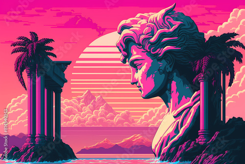 Purple pink art sunset with man statue and pink tree.