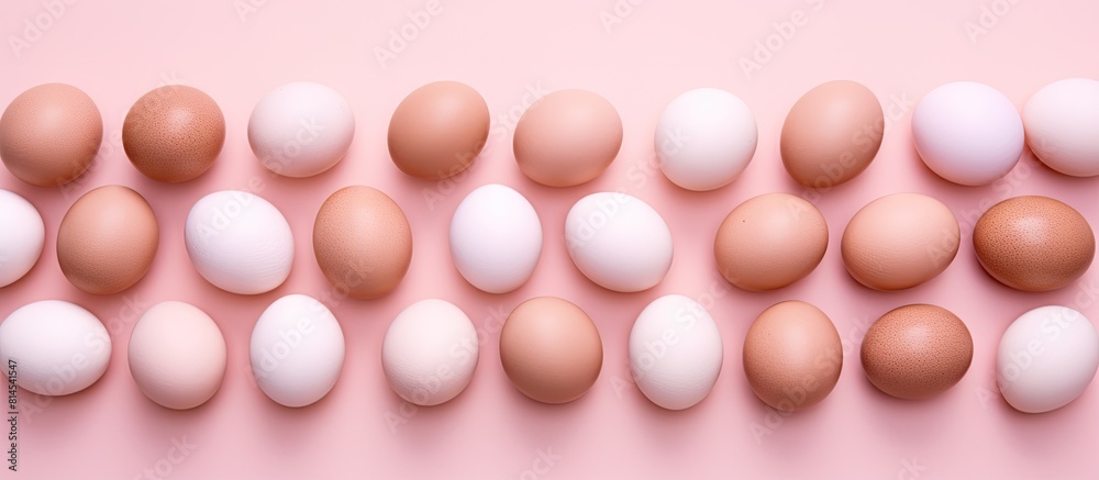 A pattern featuring Organic eggs is displayed on a pastel pink background emphasizing the Zero Waste concept The image is presented in a flat lay style. with copy space image
