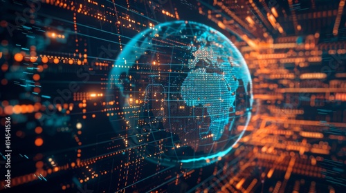 An abstract digital world map, the concept of global connectivity on Earth, data transfer and cyber technology, as well as international telecommunications and information exchange