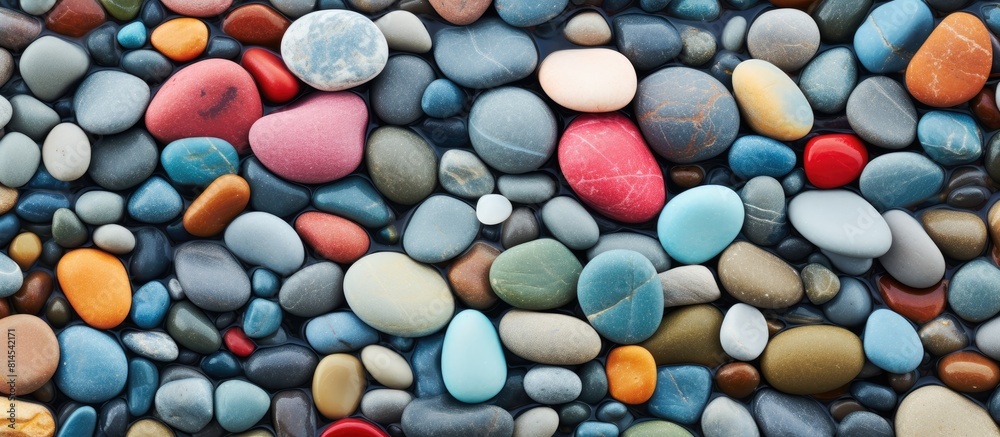Close up image of wet colorful pebbles on the beach creating a vibrant and textured background Copy space available Close up image of wet colorful pebbles on the beach creating a vibrant and textured background Copy space available