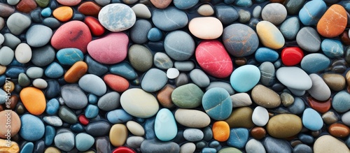 Close up image of wet colorful pebbles on the beach creating a vibrant and textured background Copy space available © vxnaghiyev