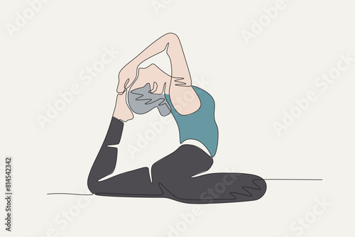 Colored Woman doing yoga. International yoga day concept one-line drawing