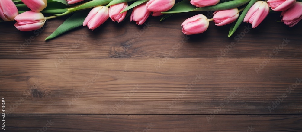 A Women s Day copy space image featuring elegant pink tulips arranged in a frame like shape against a wooden background