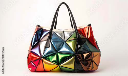 this 3d printed rainbow handbag is a stunning piece of art in the style of liquid metal. the bright color blocks and realistic rendering make it a unique addition to any fashion collection.