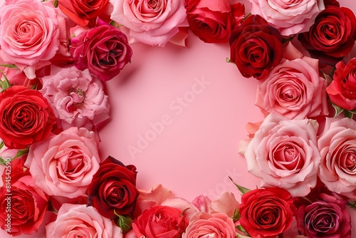 Hybrid tea rose wreath of red and pink roses on pink background banner