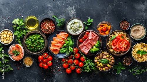 Studio-lit, top view of diverse healthy main courses with meats, fish, pasta, vegetables, and sauces on a dark backdrop