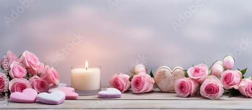 A white table with homemade heart shaped Valentine s Day cookies pink roses and a candle providing a copy space image