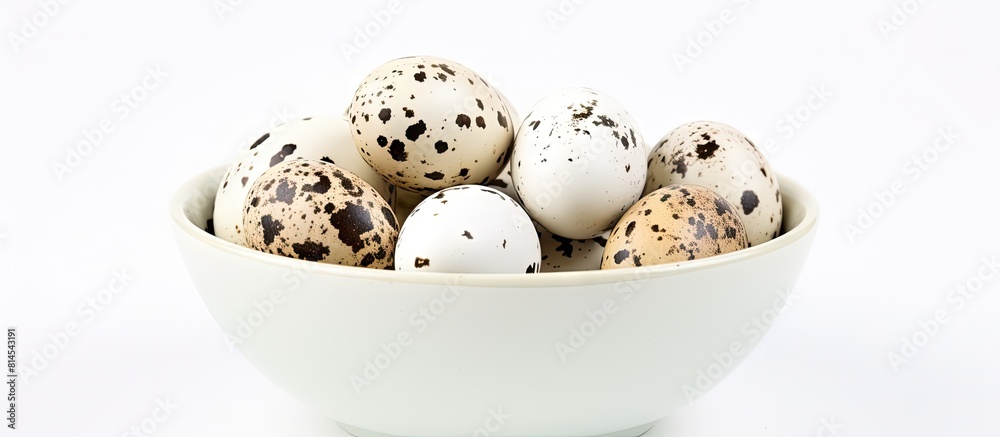 Close up copy space image of circular fried quail eggs on a white background Close up copy space image of circular fried quail eggs on a white background