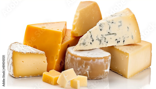 Gourmet cheese assortment arranged on a clean white backdrop, highlighting textures and colors, perfect for celebrating National Cheese Day and culinary themes