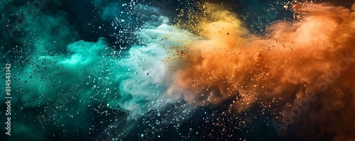 Colored powder explosion. Green  white and orange colors dust on black background. Multicolored powder splash background