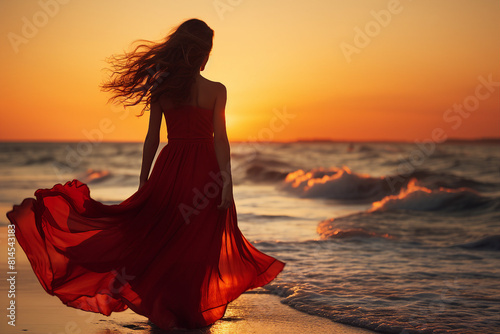 AI generated image of beautiful woman wearing long fluttering dress walking evening sunset