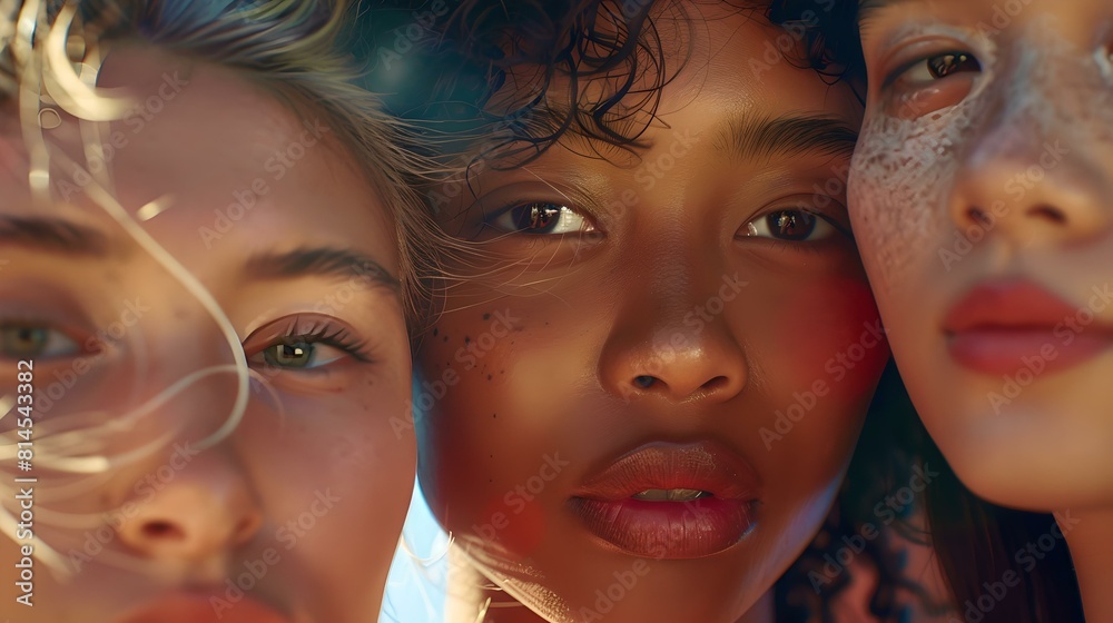Three diverse faces close-up - youth, beauty, and friendship concept Three diverse faces close-up - youth, beauty, and friendship concept