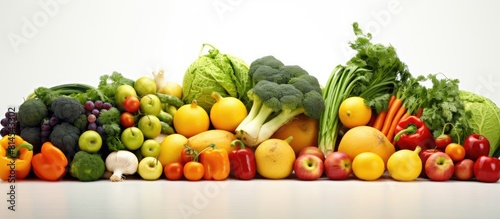 A variety of fresh fruits and vegetables arranged together on a white background for composition Ample space available for text or other elements in the image