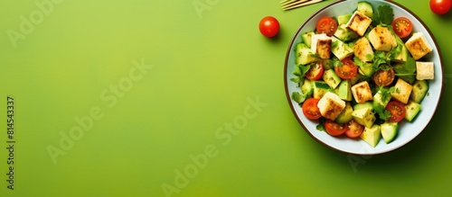 Top view of a delectable tofu and vegetable salad placed in a bowl against a green background Perfect for adding text. with copy space image. Place for adding text or design