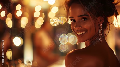Elegant woman smiling with gleaming lights in the background at evening event