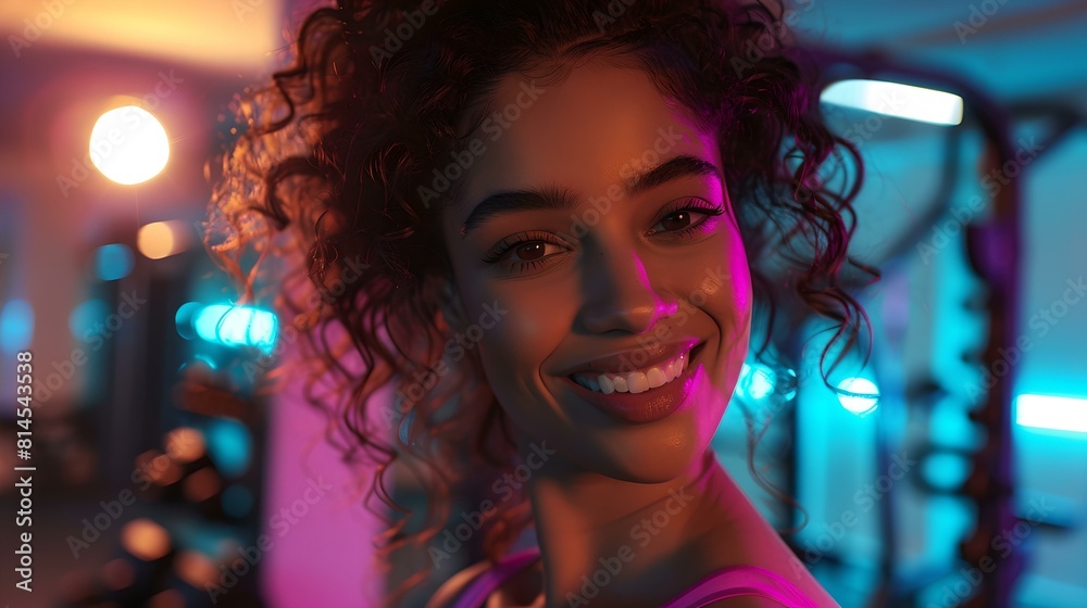 Radiant smile in neon light: young woman enjoying a vibrant nightlife scene Radiant smile in neon light: young woman enjoying a vibrant nightlife scene