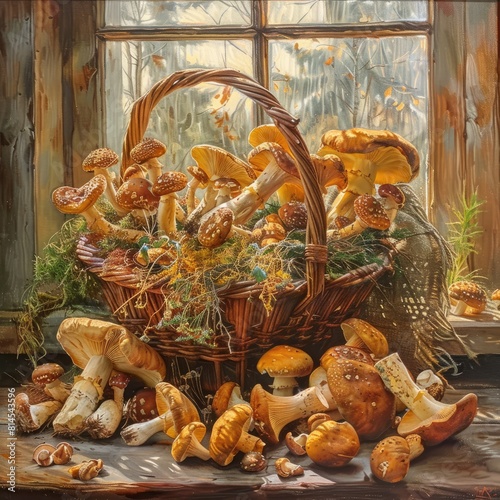 Close-up of a basket of mushrooms on a kitchen table. Illustration for advertising farms or mushroom-growing greenhouses; suitable for prints or packaging designs.