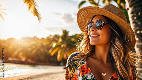 Stylish casual woman enjoying sun at tropical beach
