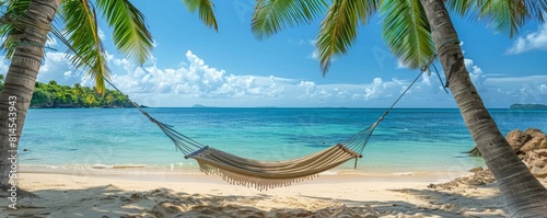 Hammock nestled between two palms on a sandy shore, panoramic view of the ocean and sky, symbol of serenity photo