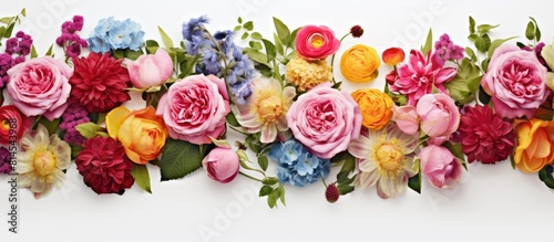 Fototapeta Naklejka Na Ścianę i Meble -  Colorful flowers including roses peonies and green flowers arranged on a white background There is copy space available for additional design elements