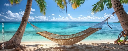 Idyllic hammock scene between palm trees on a beach, facing the clear blue water and sky, perfect for a relaxing day photo