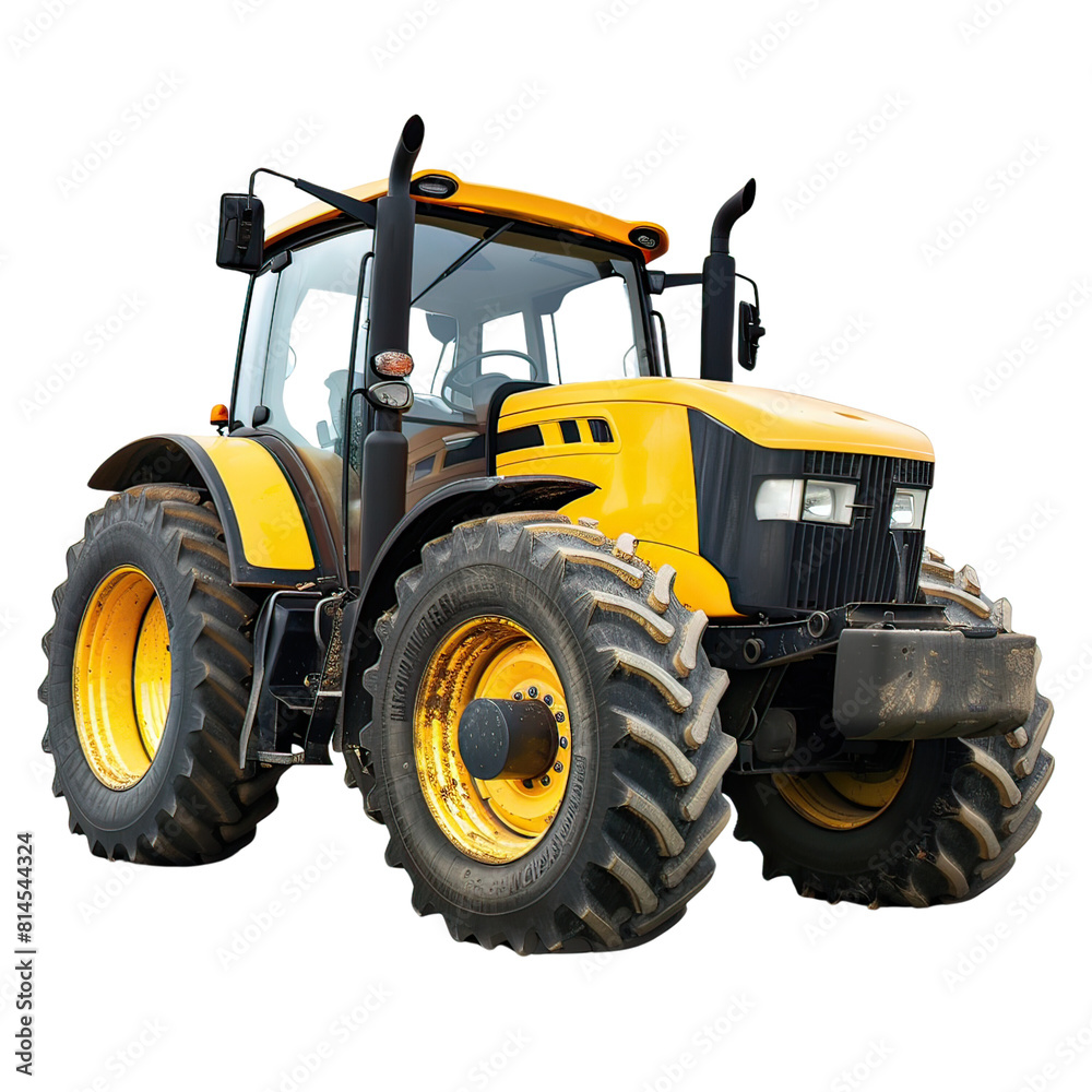 A large yellow modern tractor, equipped with advanced farming technology, isolated on a black background. A large yellow modern tractor, equipped with advanced farming technology, isolated on a black background.