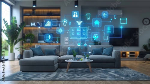 Blue digital symbols floating near connected devices in a smart home interior.