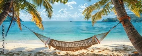 Peaceful hammock set between towering palms on a pristine beach, facing sparkling waters under a vast blue sky photo