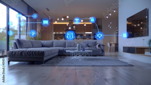 Sleek smart home interior featuring connected devices and intuitive section icons