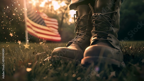 Close up of military boots on grass with american flag in background photo