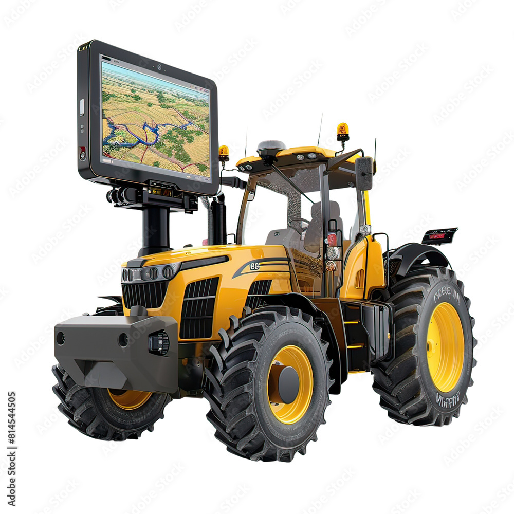 Obraz premium Modern yellow tractor equipped with a large GPS navigation display, showcasing advanced agricultural technology.