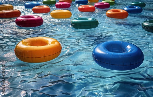 Three Inflatable Floats Drifting in Pool Water