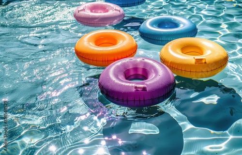 Three Inflatable Floats Drifting in Pool Water
