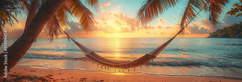 Peaceful hammock set between towering palms on a pristine beach, facing sparkling waters under a sky in sunrise photo
