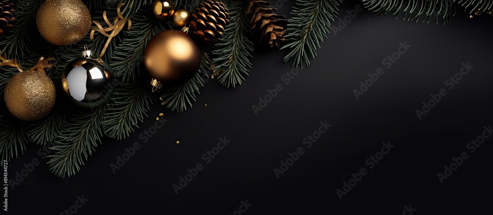 A festive Christmas background featuring ornaments branches of a fir tree set against a black backdrop with ample space for text