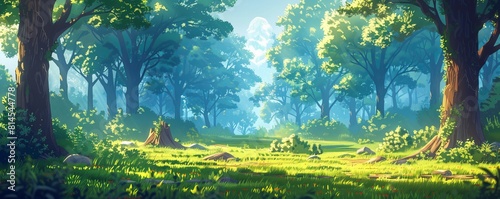 anime cartoon style woodland forest background banner, generated ai