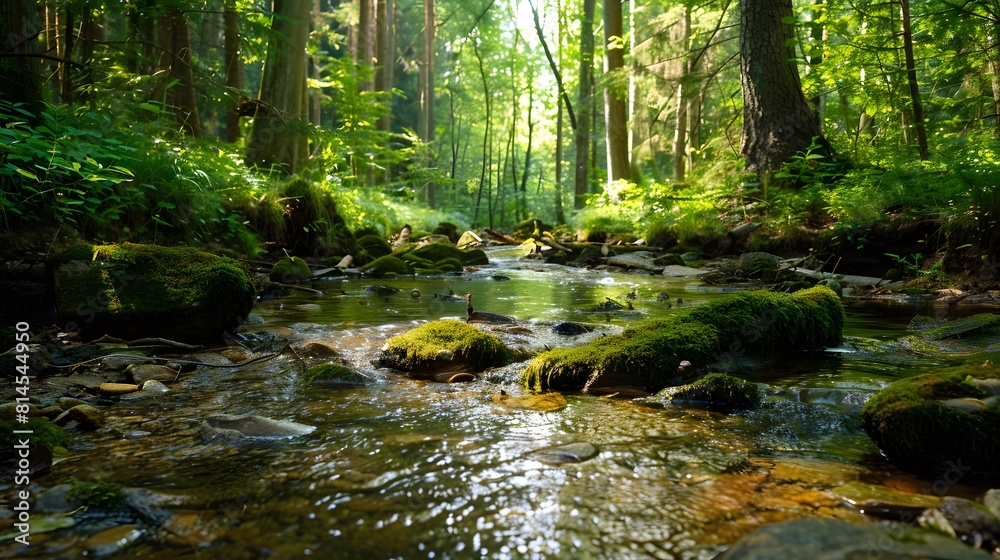water flowing in the forest. A small stream that passes through the forest and where animals walk.
