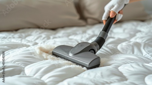 Person in White Gloves Cleaning Bed