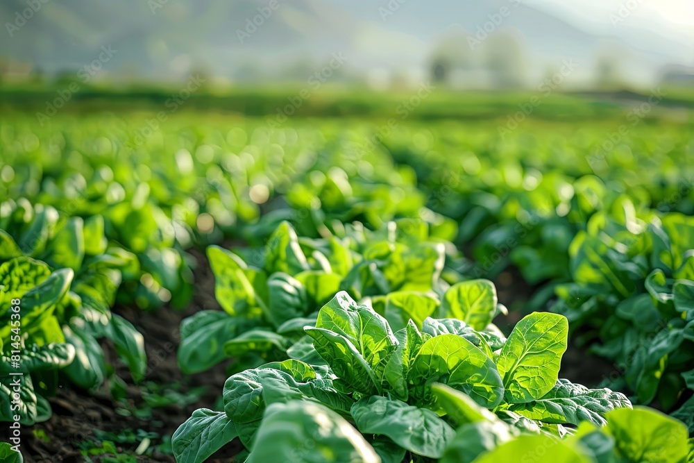 Fields where green spinach is grown, creating carpeted areas of juicy and fragrant green leaves