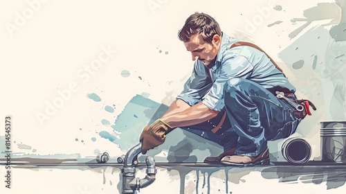 Plumber Fixing a Pipe: A skilled plumber kneels beside a leaking pipe, wrench in hand, ready to repair the damaged section and restore the flow of water 