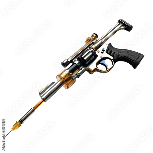 A highly detailed golden and silver futuristic rifle with advanced design, isolated on a black background.