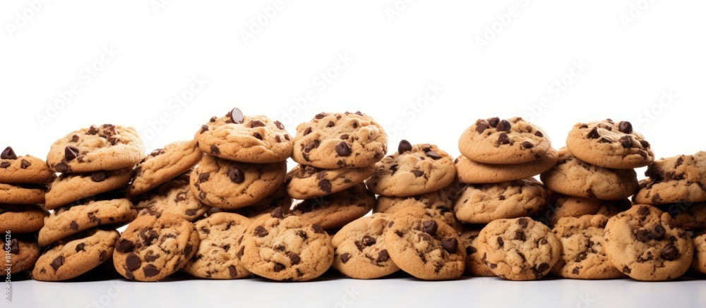 A copy space image featuring dark chocolate chip cookies set apart against a white background A copy space image featuring dark chocolate chip cookies set apart against a white background